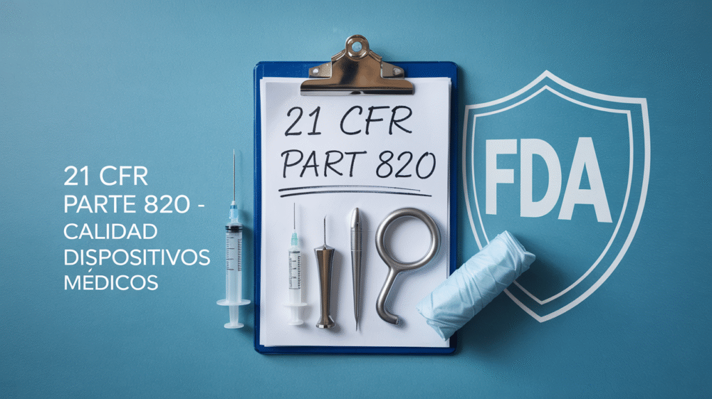 Imagen profesional sobre la regulación 21 CFR Parte 820 de la FDA, enfocada en la calidad de dispositivos médicos, con elementos visuales de cumplimiento normativo y salud.