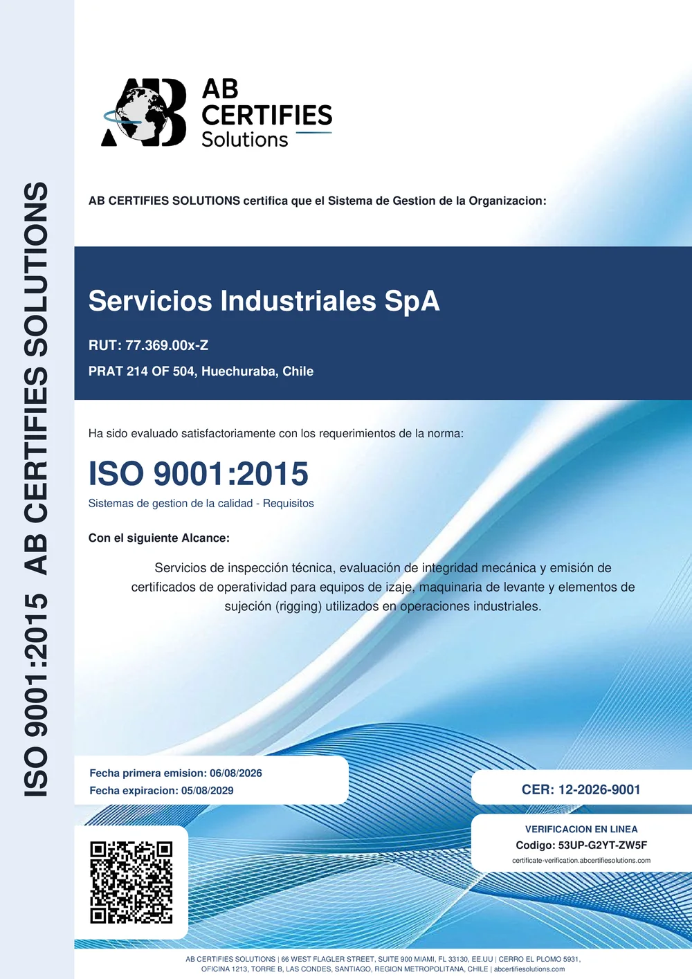 Ejemplo de certificado ISO 9001 emitido por AB Certifies Solutions